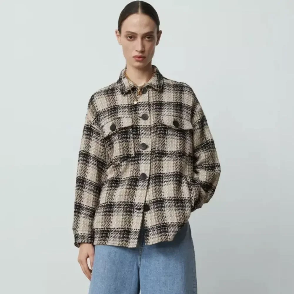 ZARA Tweed Plaid Button Up Shacket M Chunky Overshirt Jacket Oversized Neutral